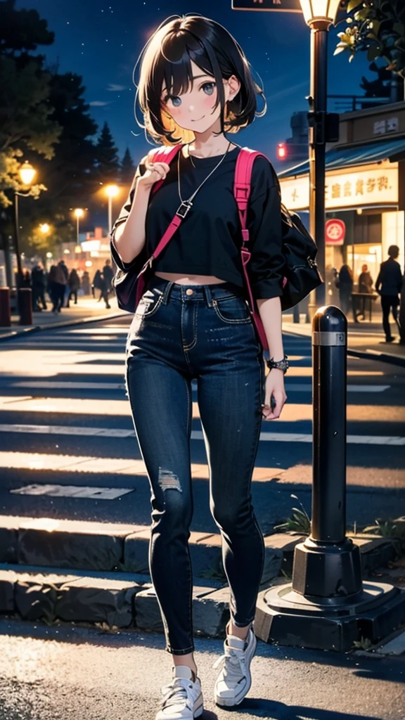 (8k, RAW Photos, 最high quality, masterpiece:1.2), high qualityのRAWカラー写真, Professional photo shoot, Cinematic Light, alone, (((young woman, Gal))), (Sharp features), (Small face), (Skin with attention to detail:1.2), clavicle, Cute Face, Beautiful appearance, Long eyelashes,Girl Turning Around, smile, (Black Hair, Long straight line), Jersey, Tight black denim pants, sneakers, Backpack, Night Park, Confident attitude, Capture the happy moment, Artistic painting,Attractive thighs, (Very nice touch:1.2),はにかんだsmile), Peaceful atmosphere, Oil painting style, Bright colors, (Are standing:1.5, In town, Full body portrait), Smooth texture, Gazing Eyes, Beautiful Skin, Glowing Skin, ((Perfect Fingers, Five Fingers, Anatomically correct)), Background Blur, high quality, Surreal, ((Very detailed, photo shoot)),Many people々、blush、Plump