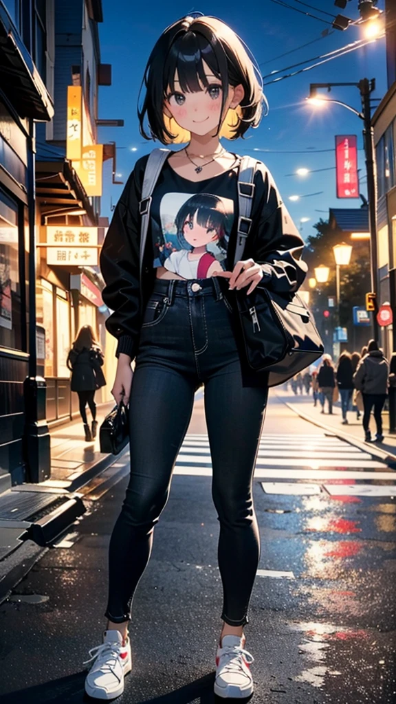 (8k, RAW Photos, 最high quality, masterpiece:1.2), high qualityのRAWカラー写真, Professional photo shoot, Cinematic Light, alone, (((young woman, Gal))), (Sharp features), (Small face), (Skin with attention to detail:1.2), clavicle, Cute Face, Beautiful appearance, Long eyelashes,Girl Turning Around, smile, (Black Hair, Long straight line), Jersey, Tight black denim pants, sneakers, Backpack, Night Park, Confident attitude, Capture the happy moment, Artistic painting,Attractive thighs, (Very nice touch:1.2),はにかんだsmile), Peaceful atmosphere, Oil painting style, Bright colors, (Are standing:1.5, In town, Full body portrait), Smooth texture, Gazing Eyes, Beautiful Skin, Glowing Skin, ((Perfect Fingers, Five Fingers, Anatomically correct)), Background Blur, high quality, Surreal, ((Very detailed, photo shoot)),Many people々、blush、Plump