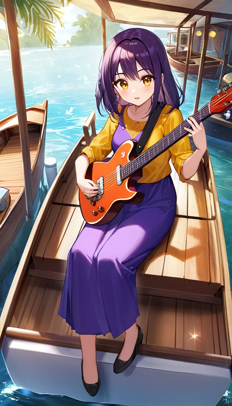 malay woman sitting on the boat and wearing purple dress, she is sing a song, a malay man standing on the boat and wearing red yellow shirt, he is playing a guitar