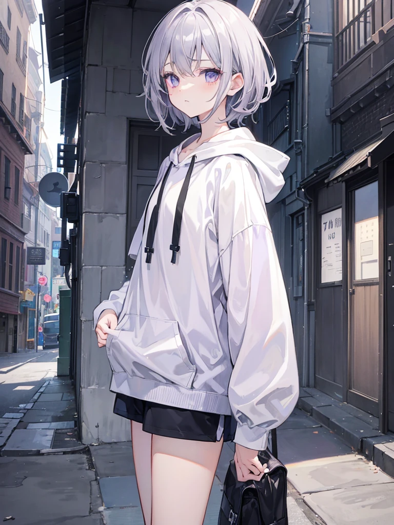 A little dark anime style、Gray Hair、Wavy short hair、10th Generation、Light purple eyes、Sadness face、Black hoodie with white sleeves、White shorts、A simple townscape in the morning、The whole picture is visible