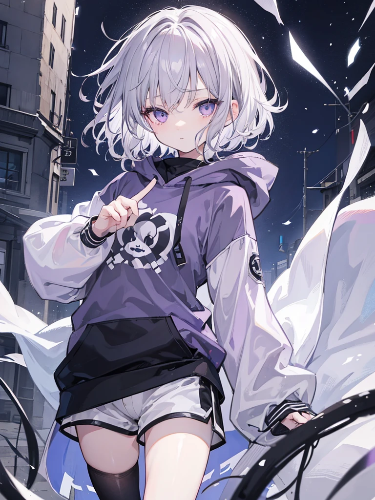 A little dark anime style、Gray Hair、Wavy short hair、10th Generation、Light purple eyes、Sadness face、Black hoodie with white sleeves、White shorts、A simple townscape in the morning、The whole picture is visible