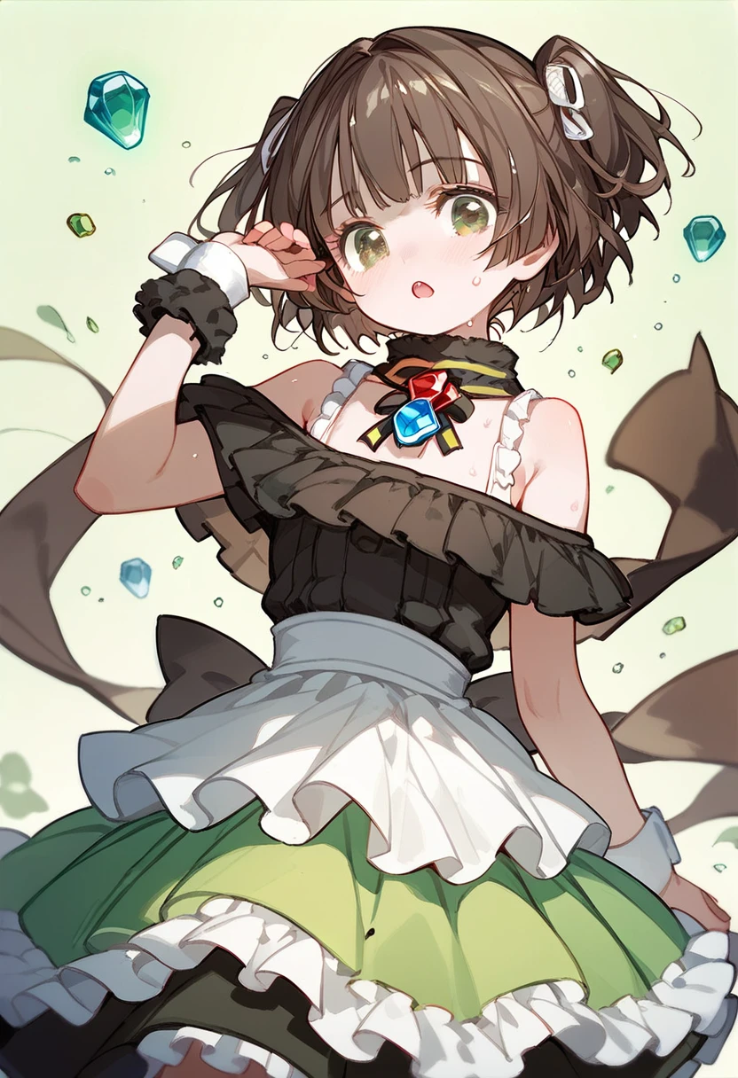 score_9, score_8_up,score_7_up,cute,magical_girl,off shoulder,(12 years old),layered_frilles,, (white frilled_clothes ), green_eyes, brown_hair,two_Side_up, ((ruffle-skirt, multilayer-skirt):1.3),(frilled kneehighs),wrist cuffs,cry,looking_at_viewer,( gem), nipples,shame,sweating,open_mouth,scarf flying,(Yellow-green theme),四叶草形状gem
