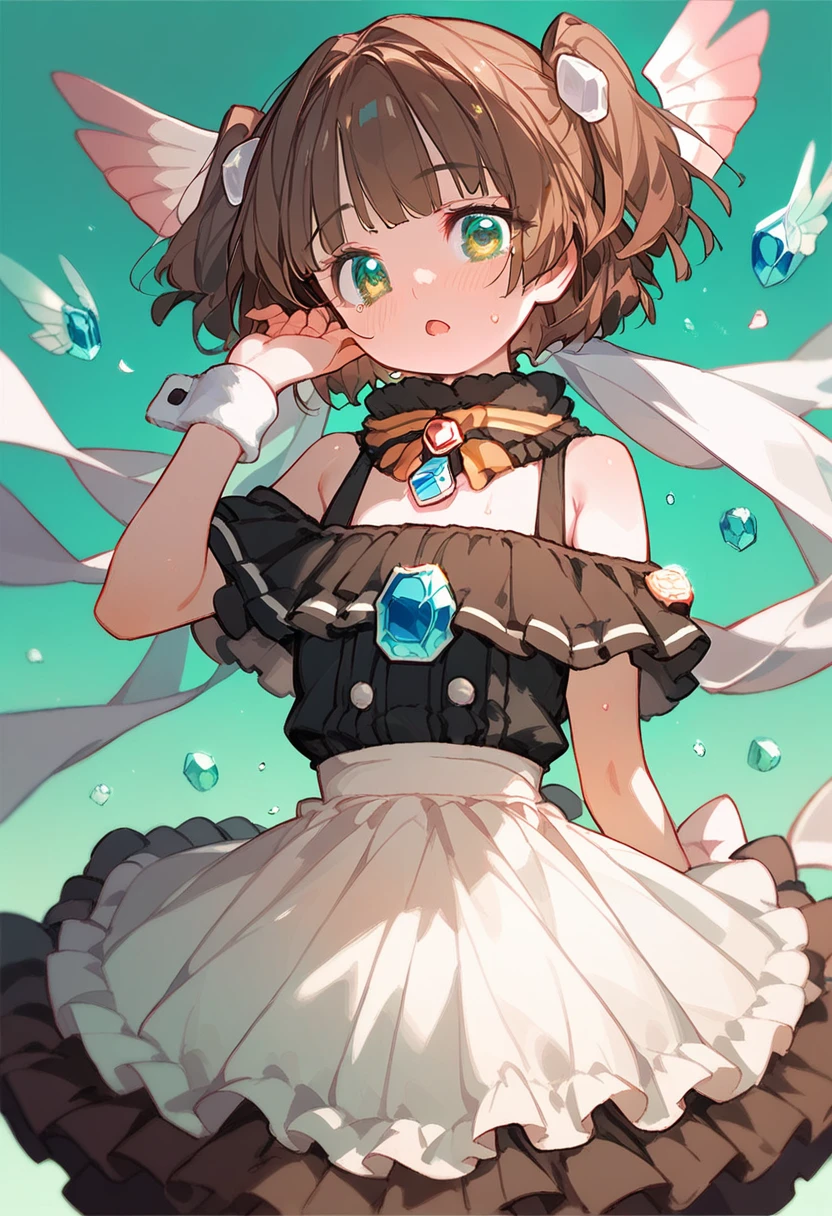 score_9, score_8_up,score_7_up,cute,magical_girl,off shoulder,(12 years old),layered_frilles,, (white frilled_clothes ), green_eyes, brown_hair,two_Side_up, ((ruffle-skirt, multilayer-skirt):1.3),(frilled kneehighs),wrist cuffs,cry,looking_at_viewer,( gem), nipples,shame,sweating,open_mouth,scarf flying,(Yellow-green theme),四叶草形状gem