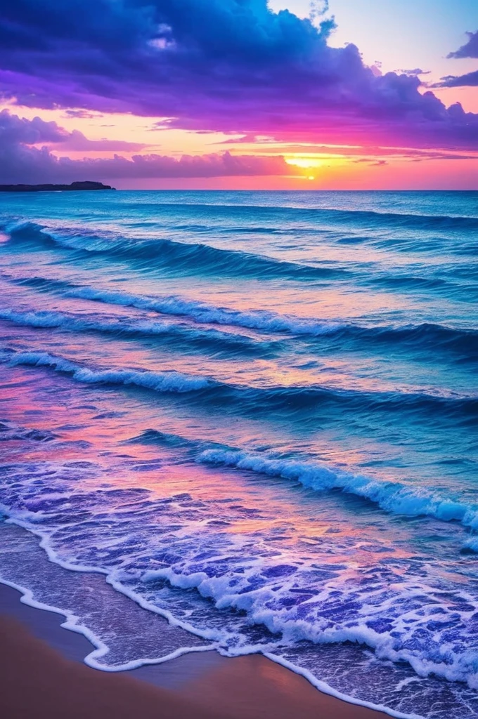 a purple and blue sunset over the ocean with waves, beautiful vibrant colors, beautiful colors, stunning colors, gorgeous colors, magical colours and atmosphere, breathtaking colors, amazing colors, magical colors and atmosphere, beautiful colours, vividly beautiful colors, amazing colours, moody beautiful colors, dreamy colors, beautiful colorful, very vibrant colors, colorful glow, vibrant moody colors