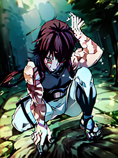 (Demon Slayer style)) 1 girl, rude woman, Bella, cazademonios, beefy, good tail, reddish and golden eyes, semi-wide hair, high and spiky hair, hair cut in layers aesthetic, pelo negro azabache y blue tips fuertes, blue tips, crossed pointed bangs, side temples, fine scar on lower left cheek, sorrisa Bella, red lipstick, demon hunter uniform, sleeveless, white belt, Wide pant, bandages in arms, Big hands, white fur stockings on her feet, japan sandals, rugged forest landscape background, estilo anime kimetsu no yaiba. ((masterpiece))