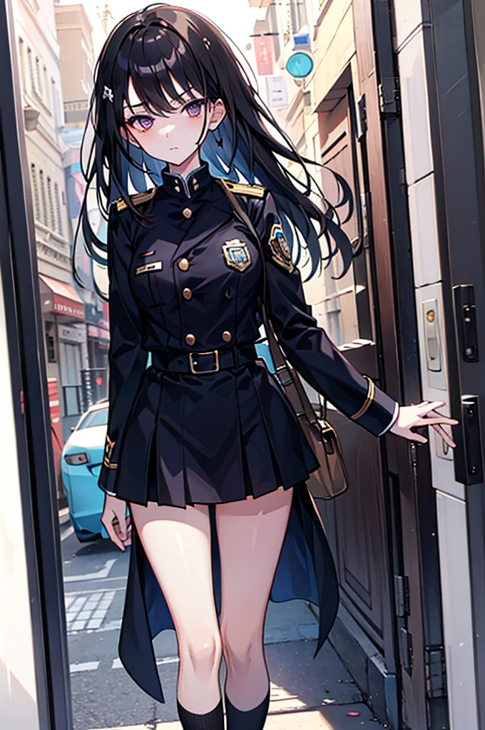 One girl, Dark Eyes, Dark Hair, uniform,Anxious face