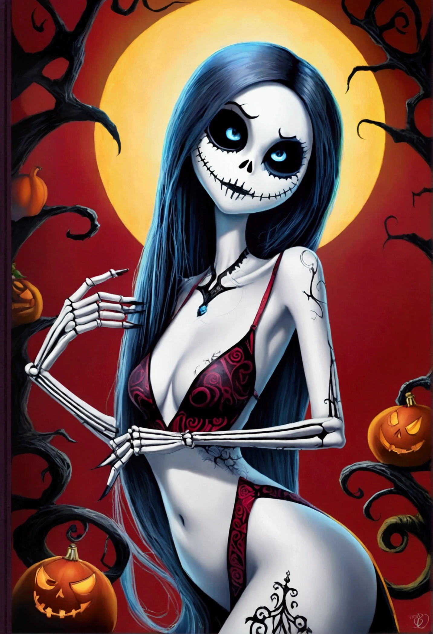 Create a hyper detailed photograph of a nightmare before Christmas tattooed young sexy stunning gorgeous sally Skellington, Stunningly perfect gorgeous face, perfect makeup,detailed vibrant eyes, long hair,detailed perfect beautiful legs, detailed perfect beautiful arms, realistic torso, muscular abs, sally Skellington detailed silky smooth skin texture,detailed silky smooth perky breast, perfect round ass, sexy seductive strappy lingerie, back to viewer looking forward,