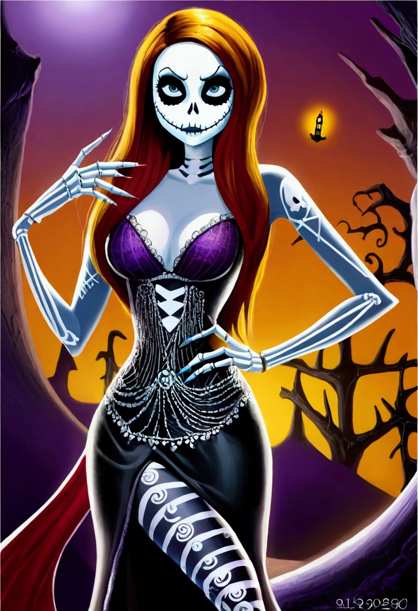 Create a hyper detailed photograph of a nightmare before Christmas tattooed young sexy stunning gorgeous sally Skellington, Stunningly perfect gorgeous face, perfect makeup,detailed vibrant eyes, long hair,detailed perfect beautiful legs, detailed perfect beautiful arms, realistic torso, muscular abs, sally Skellington detailed silky smooth skin texture,detailed silky smooth perky breast, perfect round ass, sexy seductive strappy lingerie, back to viewer looking forward,