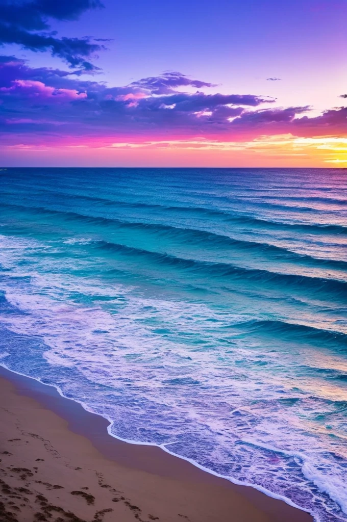 a purple and blue sunset over the ocean with waves, beautiful vibrant colors, beautiful colors, stunning colors, gorgeous colors, magical colours and atmosphere, breathtaking colors, amazing colors, magical colors and atmosphere, beautiful colours, vividly beautiful colors, amazing colours, moody beautiful colors, dreamy colors, beautiful colorful, very vibrant colors, colorful glow, vibrant moody colors