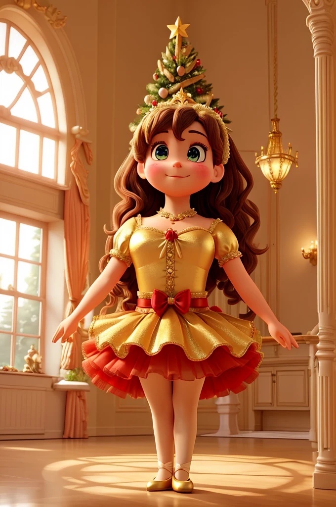 A kind huge troll in a ballerina tutu and pointe shoes is in the center of a bright, golden ballet hall, there is a large chandelier on the ceiling, which gives off a golden hue, There are large window frames on the walls, on the sides of the bottom are red long curtains, there is a Christmas tree in the corner of the hall, there is a garland on the tree and a huge star on the top, the entire hall is decorated with colorful New Year's toys