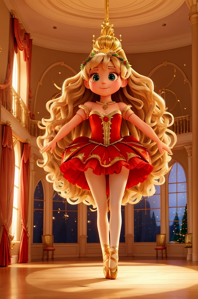 A kind huge troll in a ballerina tutu and pointe shoes is in the center of a bright, golden ballet hall, there is a large chandelier on the ceiling, which gives off a golden hue, There are large window frames on the walls, on the sides of the bottom are red long curtains, there is a Christmas tree in the corner of the hall, there is a garland on the tree and a huge star on the top, the entire hall is decorated with colorful New Year's toys
