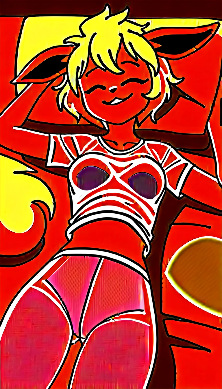 Excited expression, 1girl, anthro, furry, fur, fluffy fur, flareon girl, yellow hair (red highlights), closed eyes, short hair, Messy hair, (19 years), medium breast, thicc thighs, solo, (bedroom), sunset, detailed, smug smile, white sports top, white sport pants, (sweating), (wet clothes), see-through clothes, laying on bed, sleeping, score_9, score_8_up, score_7_up, score_6_up, score_5_up, score_4_up