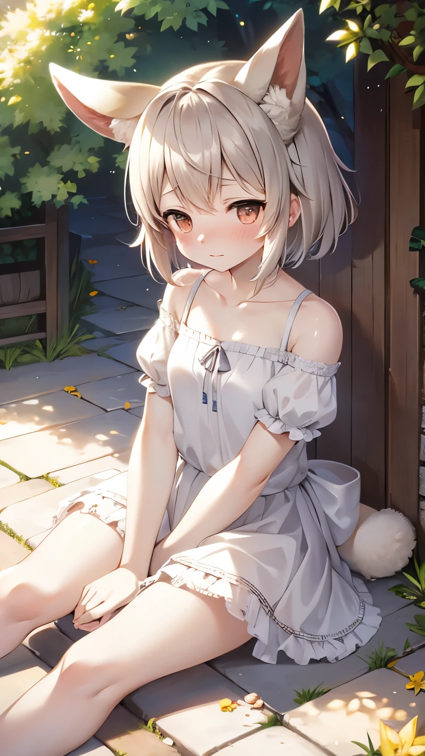 ((masterpiece, Highest quality)),One girl, alone, animal ears, Rabbit, barefoot, skirt, Sitting, Rabbit ears, Short sleeve, (teasing, shy, blush: 1.3), Looking at the audience, Grass, short hair, Gray Hair, Puff sleeves, Outdoor, fluffy Short sleeve, bangs, On the ground, whole body, animal, White Dress, sunlight, Brown eyes, mottled sunlight, Daytime,