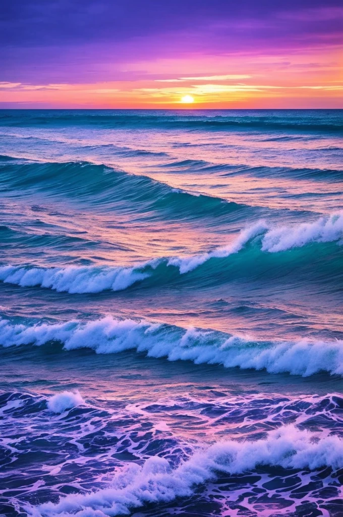 a purple and blue sunset over the ocean with waves, beautiful vibrant colors, beautiful colors, stunning colors, gorgeous colors, magical colours and atmosphere, breathtaking colors, amazing colors, magical colors and atmosphere, beautiful colours, vividly beautiful colors, amazing colours, moody beautiful colors, dreamy colors, beautiful colorful, very vibrant colors, colorful glow, vibrant moody colors