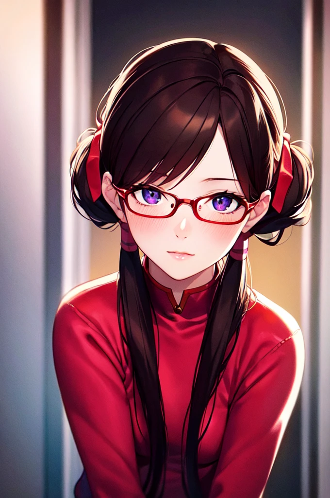 {{{Neon Genesis Evangelion, Mari Illustrious Makinami:1.9}}}, 8k, best quality, ultra-detailed, high resolution, highly detailed CG, clear, top aesthetic, excellent shading, (photorealistic:1.3), high contrast, ultra-fine illustration, shrink rate, beautiful detailed eyes, beautiful detailed skin, realistic skin, beautiful detailed hands, beautiful detailed fingers, beautiful detailed hair, detailed hair strands, beautiful detailed ears, beautiful detailed lips, professional lighting, beautiful detailed background, very realistic background, one girl, 独奏, 25 years old, beautiful woman, (Shiny dark brown hair, Long Hair, Low twin tails), (Wearing red glasses), (She wears a light blue thin hairband.), (Dark Eyes, There is a little green in it), (full body), (blush), Purple Skirt, A look of temptation、Reader model,