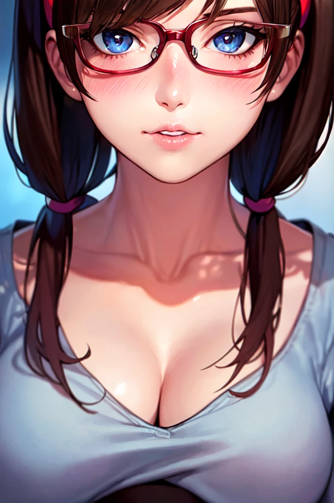 {{{Neon Genesis Evangelion, Mari Illustrious Makinami:1.9}}}, 8k, best quality, ultra-detailed, high resolution, highly detailed CG, clear, top aesthetic, excellent shading, (photorealistic:1.3), high contrast, ultra-fine illustration, shrink rate, beautiful detailed eyes, beautiful detailed skin, realistic skin, beautiful detailed hands, beautiful detailed fingers, beautiful detailed hair, detailed hair strands, beautiful detailed ears, beautiful detailed lips, professional lighting, beautiful detailed background, very realistic background, one girl, 独奏, 25 years old, beautiful woman, (Shiny dark brown hair, Long Hair, Low twin tails), (Wearing red glasses), (She wears a light blue thin hairband.), (Dark Eyes, There is a little green in it), (full body), (blush), Purple Skirt, A look of temptation、Reader model,