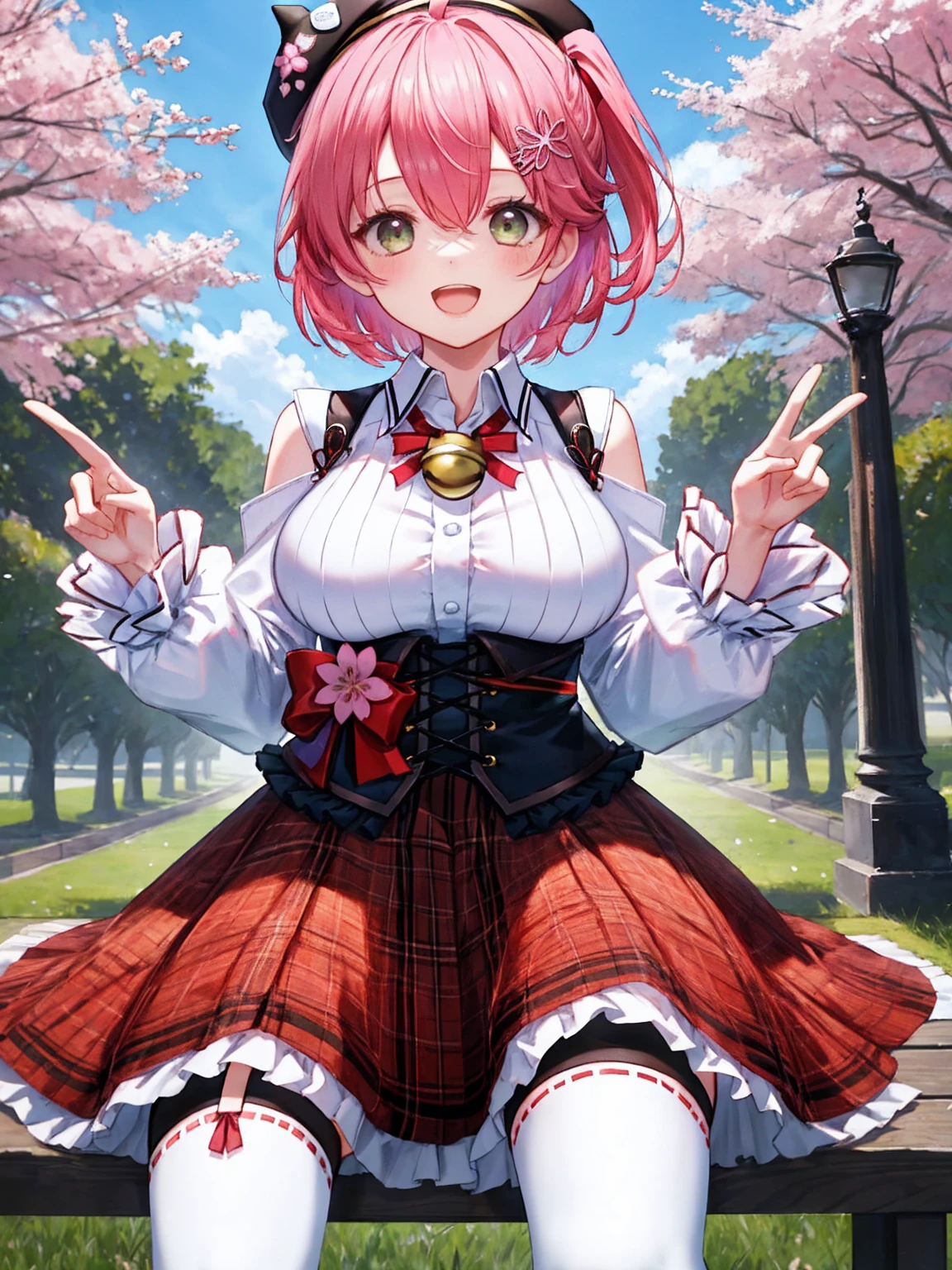 masutepiece, Best_Quality, hight_resolution, miko2,Ponytail, 1girl, Ahoge, black headwear, Hair Ornament, White shirt, black thighhighs, Pink hair, Red_skirt, very_short_skirt, plaid skirts, garter_strap, Collared shirt, hair clips, frilld, Bangs, hair between eye, frills skirt, beret, Pleated skirt, Hair Flower, Neck bell, , puffy long sleeves, Black bow, Underbust, Cowboy Shot,Smile, (large_breasts:1.3),covered_nipples, green_eyes, happy, childlike_posing,spread_legs,(big_smile:1.2),plump,open_mouth,shout,half_eyes,cherryblossom_park_landscape_background,