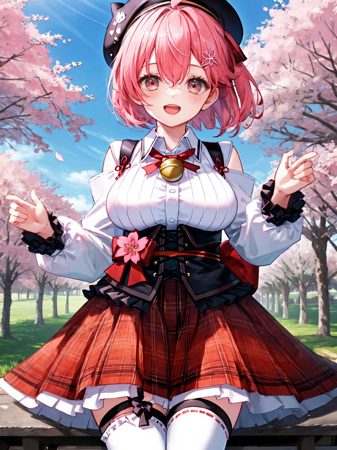 masutepiece, Best_Quality, hight_resolution, miko2,Ponytail, 1girl, Ahoge, black headwear, Hair Ornament, White shirt, black thighhighs, Pink hair, Red_skirt, very_short_skirt, plaid skirts, garter_strap, Collared shirt, hair clips, frilld, Bangs, hair between eye, frills skirt, beret, Pleated skirt, Hair Flower, Neck bell, , puffy long sleeves, Black bow, Underbust, Cowboy Shot,Smile, (large_breasts:1.3),covered_nipples, green_eyes, happy, childlike_posing,spread_legs,(big_smile:1.2),plump,open_mouth,shout,half_eyes,cherryblossom_park_landscape_background,