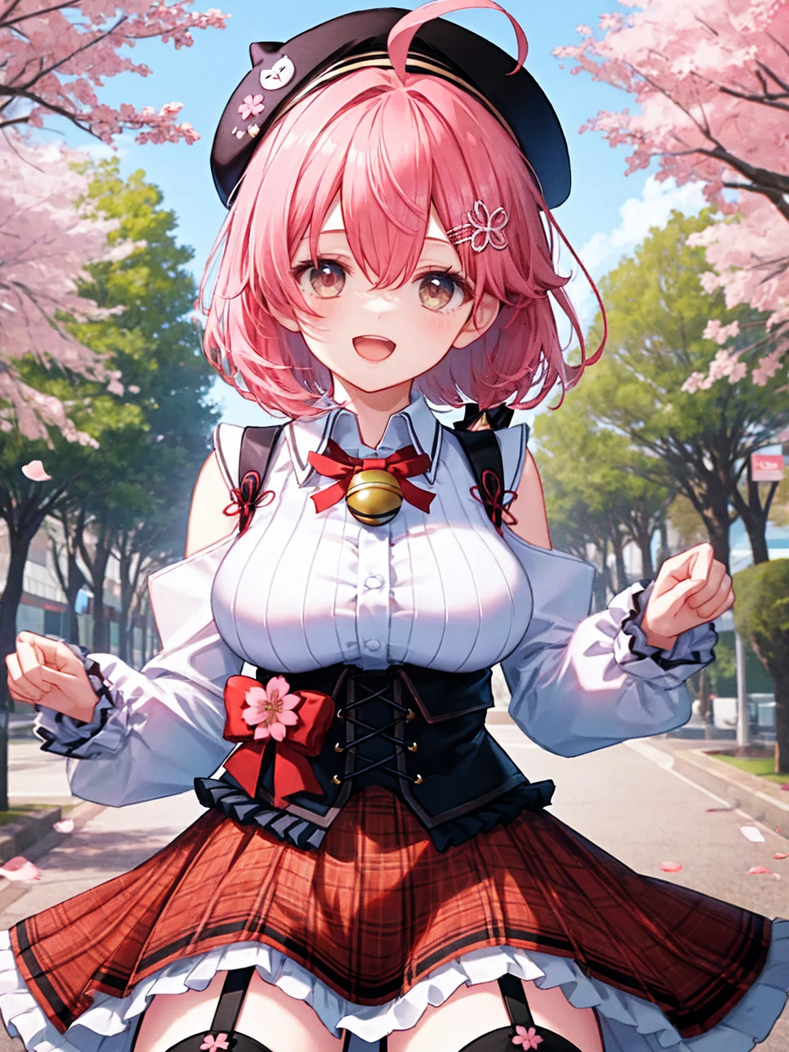 masutepiece, Best_Quality, hight_resolution, miko2,Ponytail, 1girl, Ahoge, black headwear, Hair Ornament, White shirt, black thighhighs, Pink hair, Red_skirt, very_short_skirt, plaid skirts, garter_strap, Collared shirt, hair clips, frilld, Bangs, hair between eye, frills skirt, beret, Pleated skirt, Hair Flower, Neck bell, , puffy long sleeves, Black bow, Underbust, Cowboy Shot,Smile, (large_breasts:1.3),covered_nipples, green_eyes, happy, childlike_posing,spread_legs,(big_smile:1.2),plump,open_mouth,shout,half_eyes,cherryblossom_park_landscape_background,