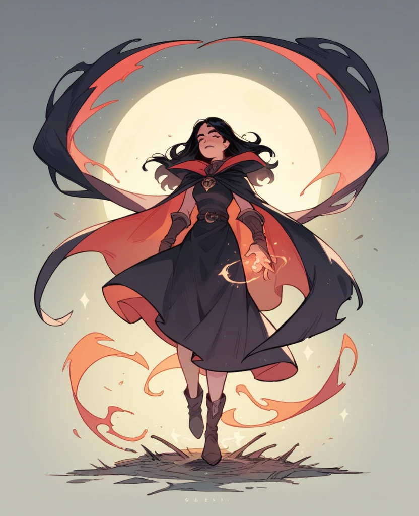 A light-skinned woman, Eyes red, wearing a cape that covered his entire body, wore a simple dress, using black magic. Her long black hair was like a witch