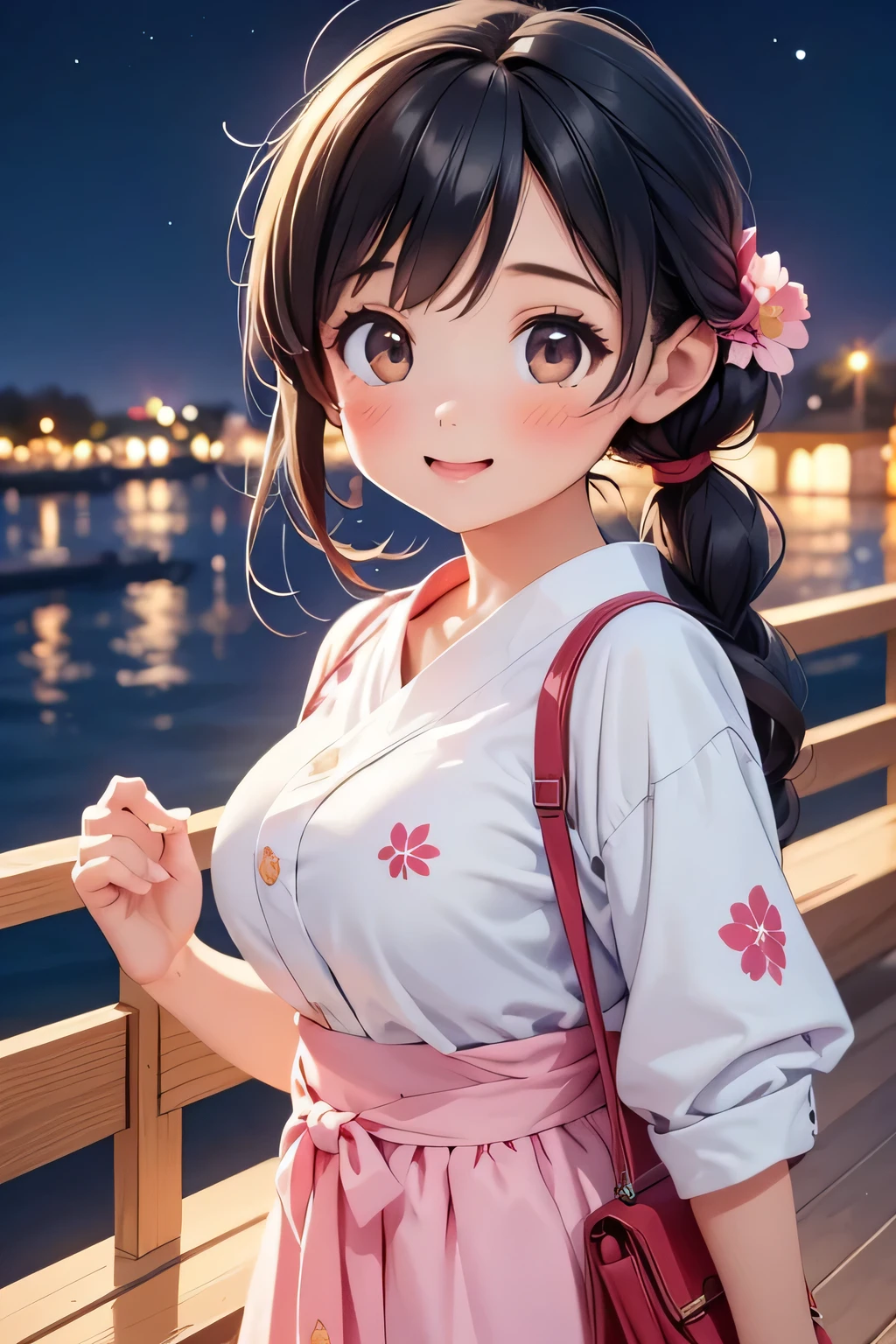 Highest quality、High resolution、Detailed Background、(Beautiful face in every detail:1.4)、Anatomically correct、Detailed facial expressions、(Detailed eyes:1.2)、Teenage beauty、(Huge breasts:1.2)、Light color hair、Braided Ponytail、Braided bob cut、Braided Long Hair、cute gesture、Midsummer evening、summer boat、Relaxed atmosphere、Cowboy Shot、A big smile、smile、

(Two beautiful girls enjoying a date night:1.5)、

Board a summer boat moored on a deck along the river、Illuminated ship deck、Board the boat with a woman dressed in a cute yukata.、The night breeze blows pleasantly through the boat as it slowly makes its way down the river.、The shining moonlight gently illuminates the surface of the river.、Enjoy the night view along the river、cute