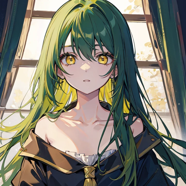 top quality,Perfect Face, long dark green hair, yellow eyes, collarbone