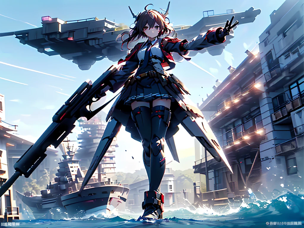 (((masterpiece, Vision))), ((((Full body of a woman with perfect flat chest、1 Female、solo、Short unkempt black hair、Tie your messy hair at the nape of your neck、white military jacket、Miko costume、black tights、Black glasses are black、White military cap、Cloudy black eyes、Confused eyes、Junyo-inspired emblem、Ship-style boots)))), (((Shipgirl))), ((Floating on the morning sea with both feet)), (Standing with your legs apart)), Aim, (Hold the shotgun turret grip with your right hand), (Four mechanical dragons covered in white armor extend from its back.), (Holding a shotgun with metal tentacles), (Equipped with a bridge on the back), (His left arm holds the grip of a triple-barreled shotgun),