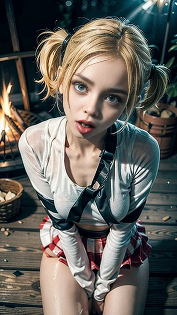 work of art, best qualityer, Harley quinn, 1 girl, nova:1.8, standing alone, transparent wet white mini skirt, long sleeves , sitting down, camp fire, warm lighting , hand supporting us knees, bothered, tilt your head, looking at side, gigantic bubble breasts, focus on tits,  chest window, breasts bare, descuido de niplles,   , fluffly, ((6 years)), niplles:1.1, Scrawny:1.2,  boy, naughty, fellatio gesture, chamando para oral sex, femboy, open your mouth wide, impressive, extreme quality, realisic skin, invitation to oral, oral sex, gap gesture, nova:2.6