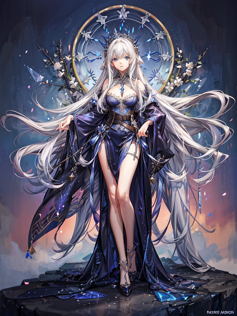 One beautiful woman、Crystal white hair、Blue eyes that shine like jewels、Long, flowing hair、Medieval European palaces、Dresses in the style of medieval Europe、Fantasy、Super detailed、masterpiece、Highest quality、whole body、Long Field Angle
