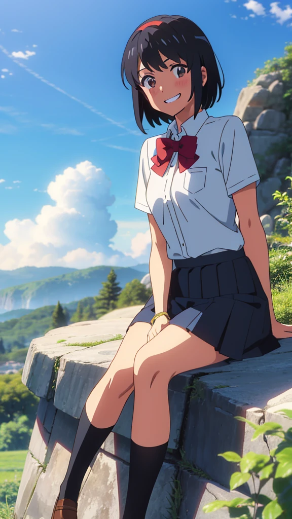 shinkai makoto, kimi no na wa., 1girl, bangs, black hair, blush, expressive eyes, brown eyes, perfect face, looking at the viewer, school outfit, white collared shirt, red headband, red ribbon, red bow, short sleeves, black skirt, short hair, solo, outdoors, shinny skin, smile, cute, grin, cloudy, blue sky, mountains, rocks, sitting, (masterpiece), best quality