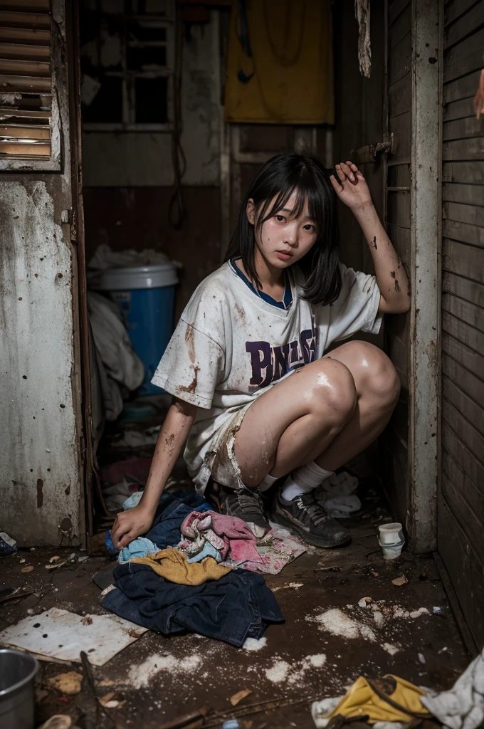 a young korean high school girl in a filthy hoarding house, covered in semen, tattered and dirty clothes, miserable, defeated, despair, semen dripping from her genitals, hyper realistic, detailed, cinematic lighting, dark gritty atmosphere, 8k, photorealistic, masterpiece