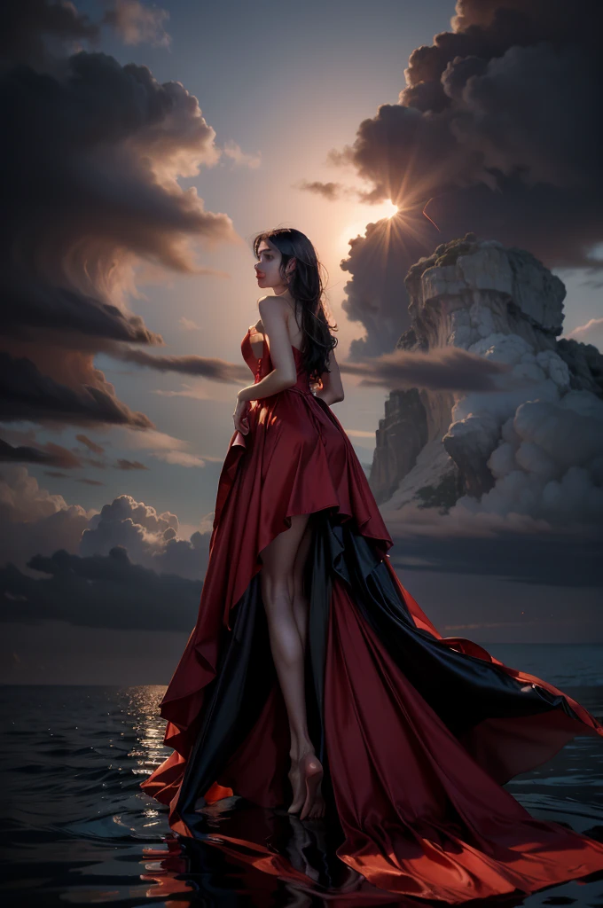 photo of (F0012024v1),night,very dark,levitatin over water in the ocean,reflections in the water,((raising both arms)),(v4lc4n0, bare shoulders, black and red dress, strapless, gown),(full body shot:1.5),eyeshadow,long eyelashes,mascara,eyeliner
