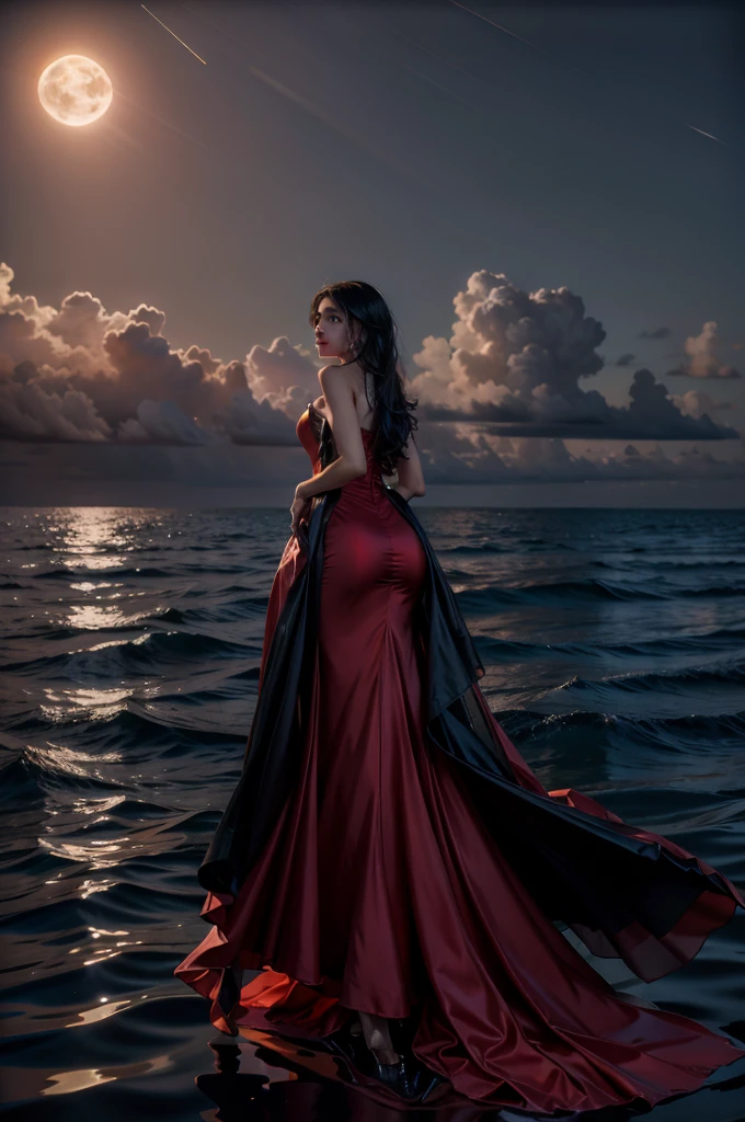 photo of (F0012024v1),night,very dark,levitatin over water in the ocean,reflections in the water,((raising both arms)),(v4lc4n0, bare shoulders, black and red dress, strapless, gown),(full body shot:1.5),eyeshadow,long eyelashes,mascara,eyeliner
