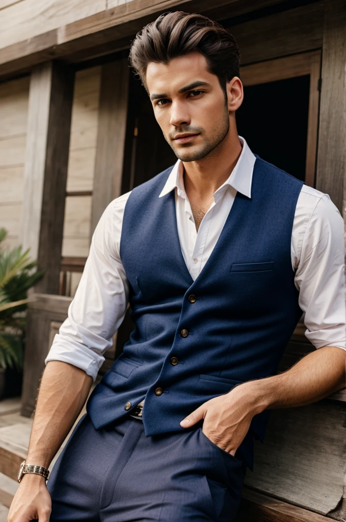 A man in trunk top vest