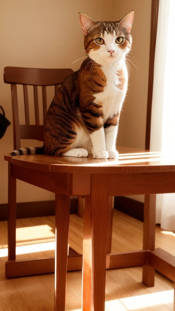Katunichikan)、(((small)))、Show your face、Put your front legs out、8k、Professional photography、delicate、Vivid、On the table、in house、Red sunlight、Light leakage、masterpiece、(((Lovely)))、(reality)、stuffed toy、Round pupils、Cat