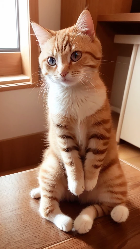 Katunichikan)、(((small)))、Show your face、Put your front legs out、8k、Professional photography、delicate、Vivid、On the table、in house、Red sunlight、Light leakage、masterpiece、(((Lovely)))、(reality)、stuffed toy、Round pupils、Cat