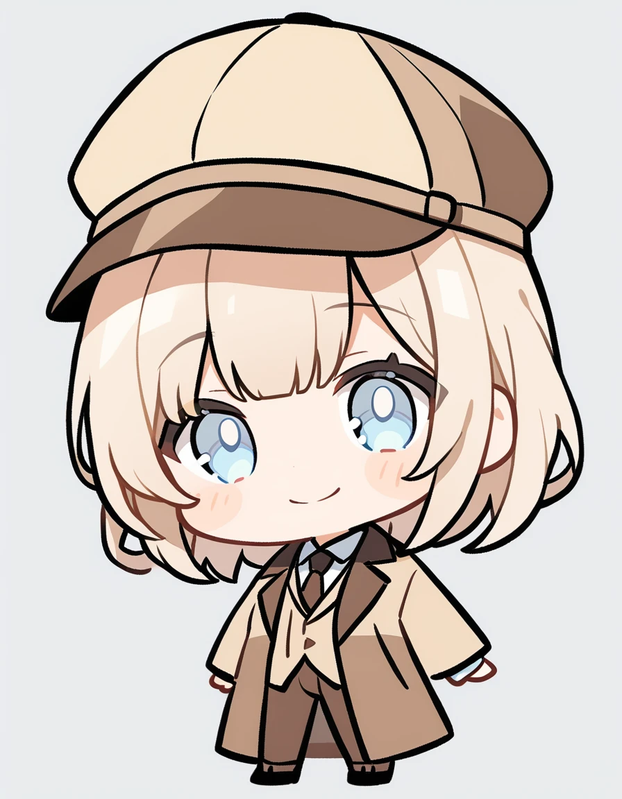 One girl, Beige hair、long、Bangs、Detective Suit、chibi,Light blue eyes、simple background、Smile、Newsboy hat