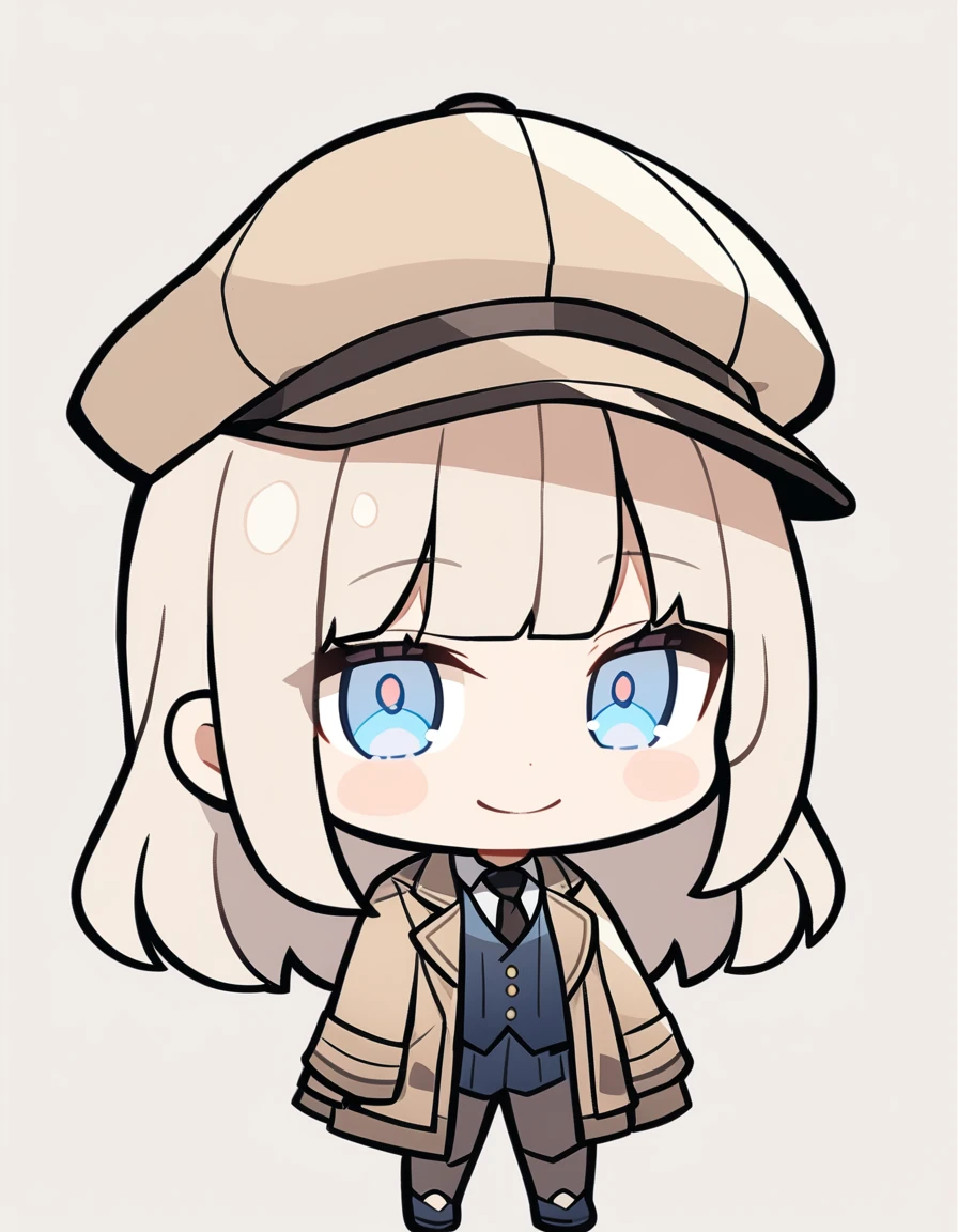 One girl, Beige hair、long、Bangs、Detective Suit、chibi,Light blue eyes、simple background、Smile、Newsboy hat