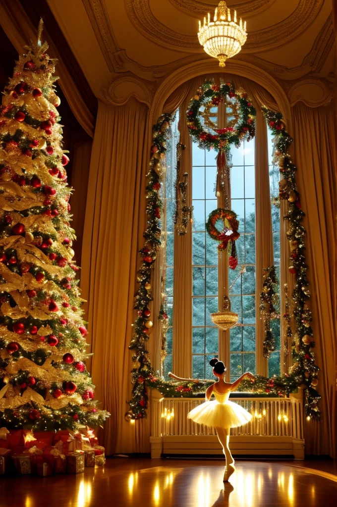 A kind huge troll in a ballerina tutu and pointe shoes is in the center of a bright, golden ballet hall, there is a large chandelier on the ceiling, which gives off a golden hue, There are large window frames on the walls, on the sides of the windows there are red long curtains, there is a Christmas tree in the corner of the hall, there is a garland on the tree and a huge star on the top of the tree, the entire hall is decorated with colorful New Year&#39;s toys, the hall is filled with people