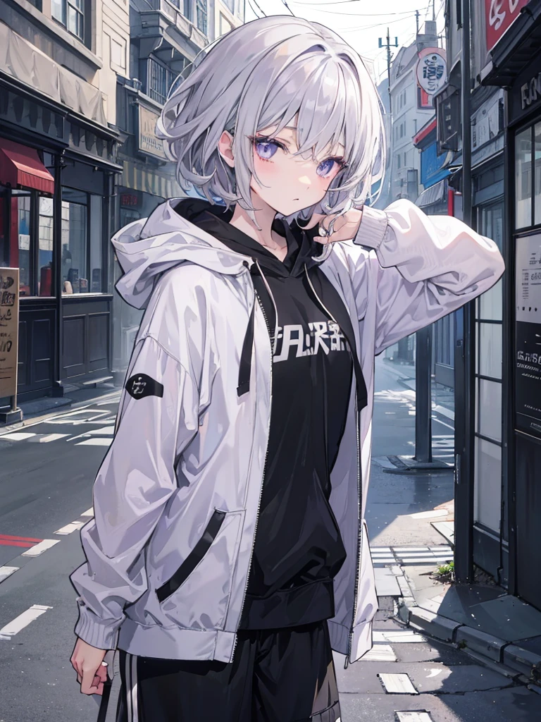 A little dark anime style、Gray Hair、Wavy short hair、10th Generation、Light purple eyes、Sadness face、White hoodie、Black jacket and black shorts、A simple townscape in the morning、The whole picture is visible