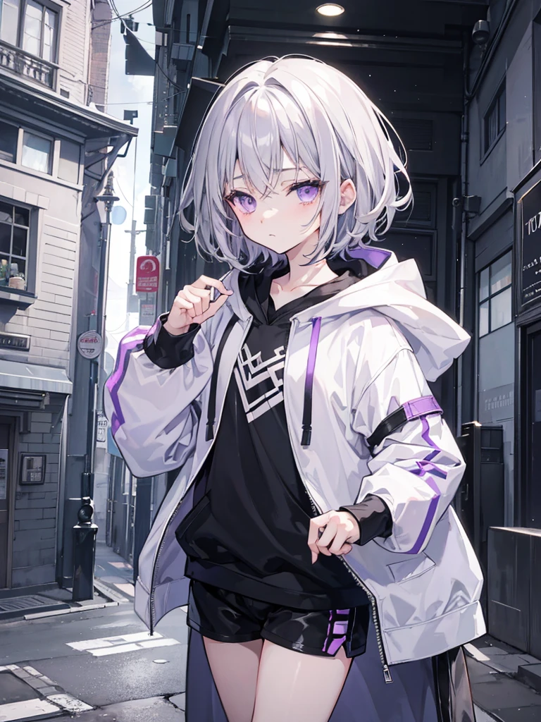 A little dark anime style、Gray Hair、Wavy short hair、10th Generation、Light purple eyes、Sadness face、White hoodie、Black jacket and black shorts、A simple townscape in the morning、The whole picture is visible