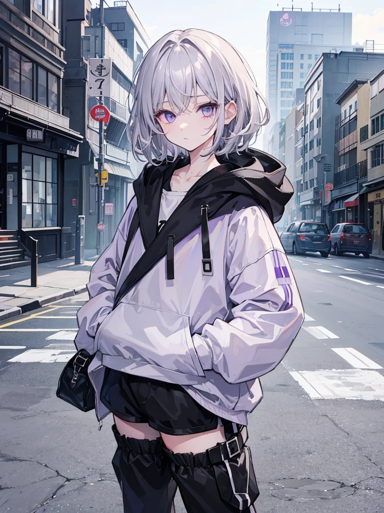 A little dark anime style、Gray Hair、Wavy short hair、10th Generation、Light purple eyes、Sadness face、White hoodie、Black jacket and black shorts、A simple townscape in the morning、The whole picture is visible