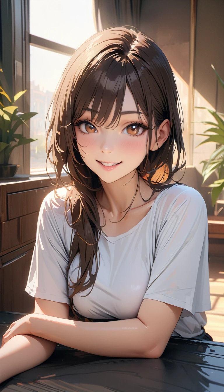 23 years old, masterpiece , modern, Verism, masterpiece, super detail, best quality, 4K , (upper body), a beautiful woman, dark brown hair, white blouse , smile , Hyperrealistic