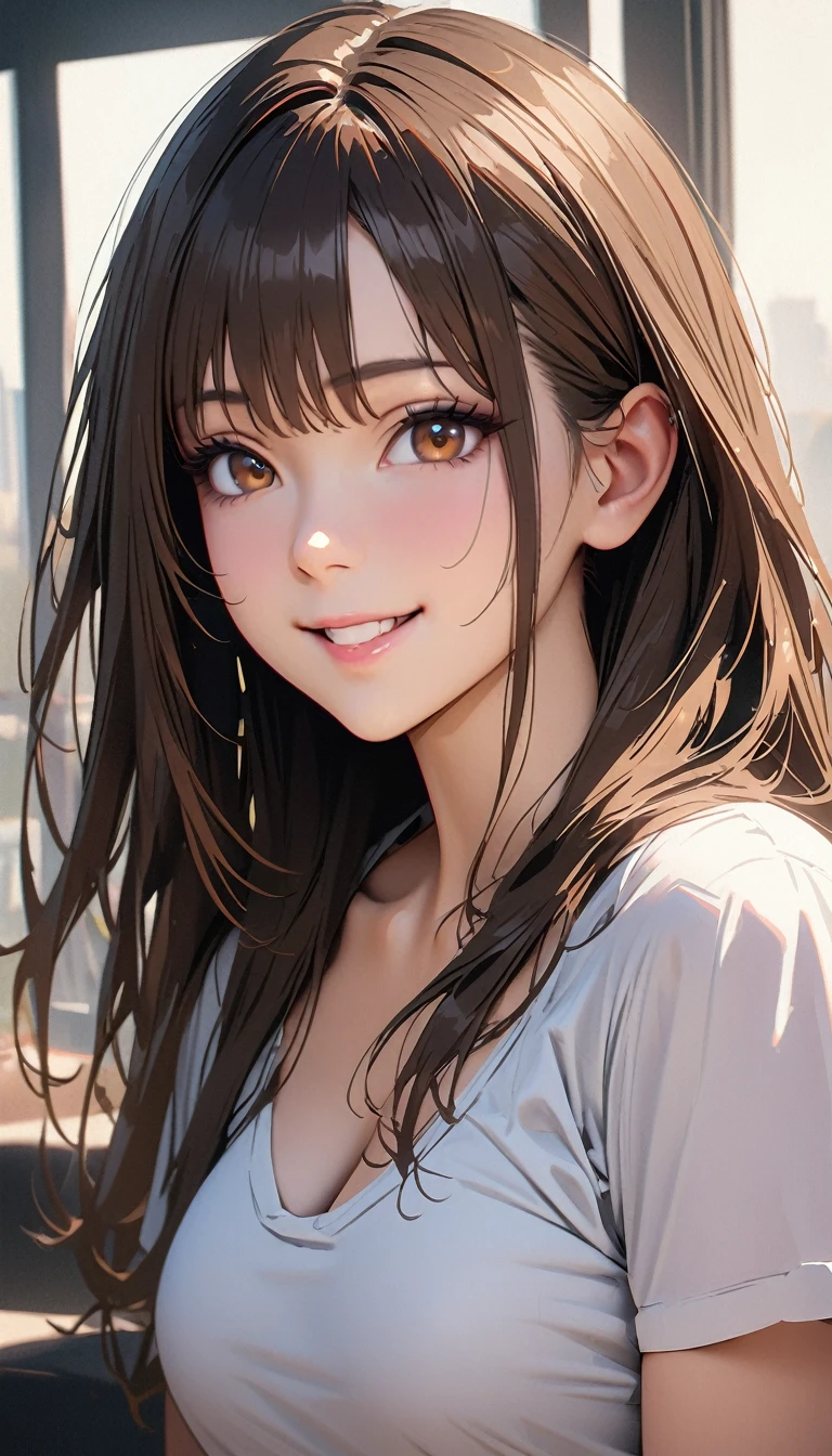 23 years old, masterpiece , modern, Verism, masterpiece, super detail, best quality, 4K , (upper body), a beautiful woman, dark brown hair, white blouse , smile , Hyperrealistic