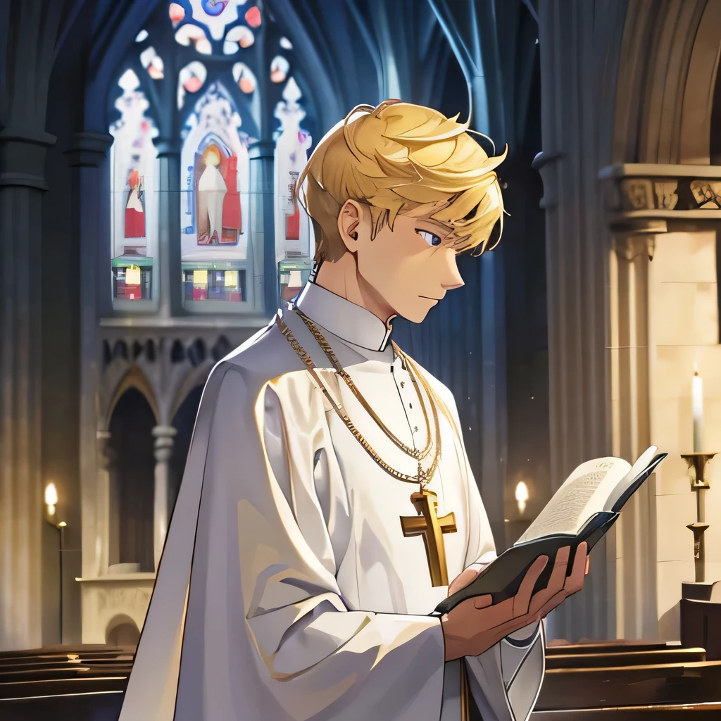 Human,priest at the cathedral, blonde hair,white rop