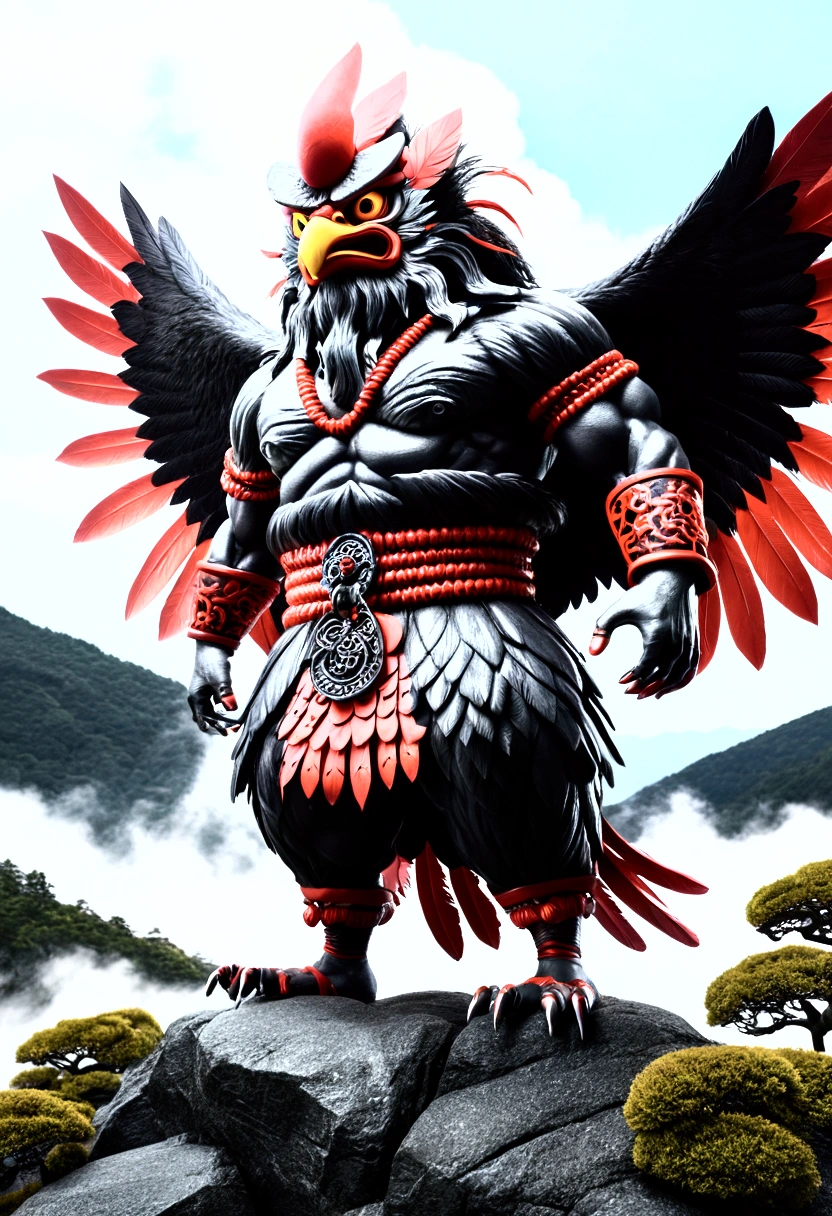 8k、Highest quality、Japanese taste、Horror、Standing on a mountain towering into the sky、Tengu、Red body human、Muscular body、Scary expression、Black Feather、Japanese Yokai