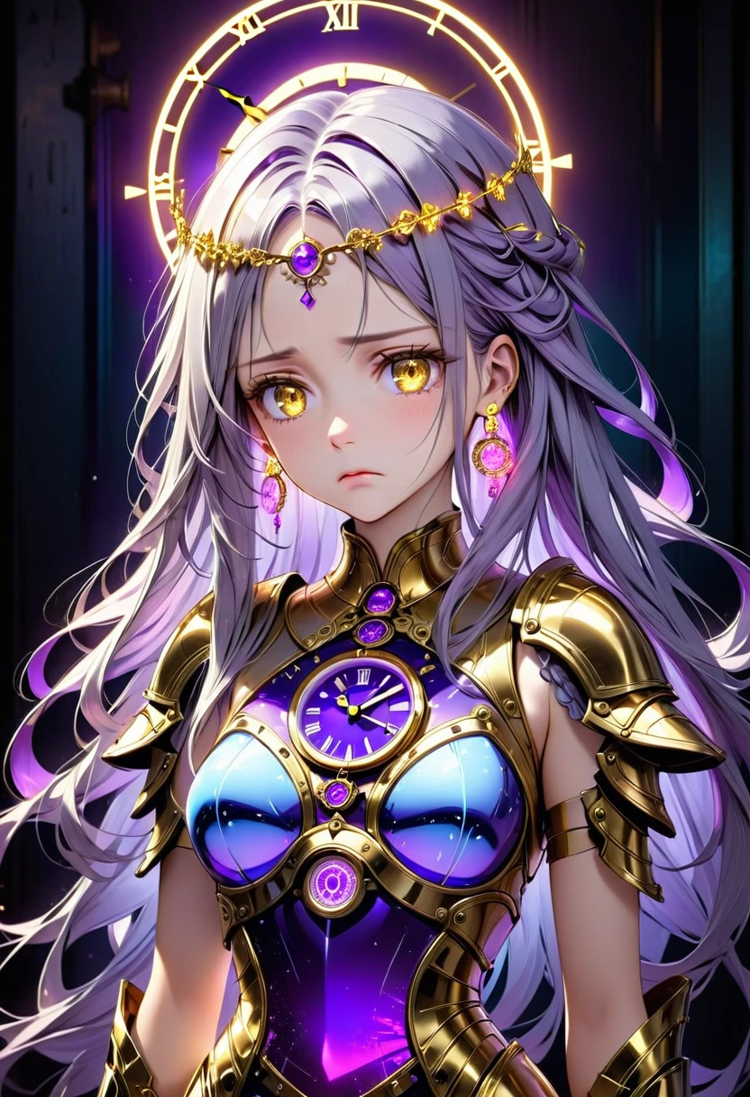 High resolution, high quality, High-resolution model, High detail, Very detailed, goddess, long hair, A sad expression, Golden Eyes, Face seen from diagonal front left, Her hair is a gradation of silver and purple., Clock motif circlet, Neon-like earrings, Clock-themed armor dress with neon-like light in the background, In the background, an old clock extends off the screen., Waist up shot, The background is illuminated with neon-like light from above.