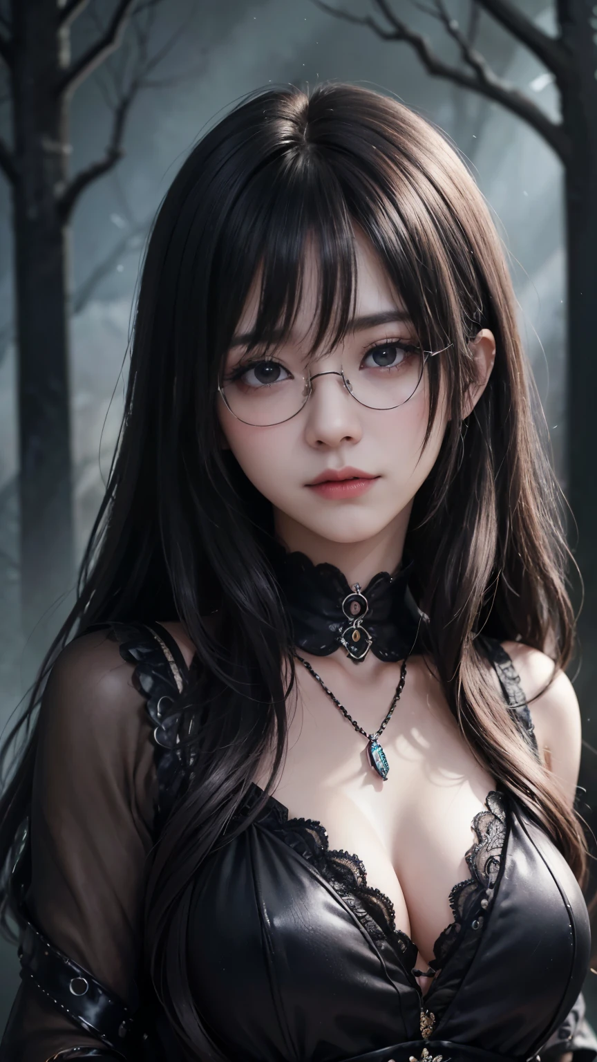 (Highest quality,4K,8k,High resolution,masterpiece:1.2),Very detailed,(Realistic,photoRealistic,photo-Realistic:1.37), Close-up of a woman with dark hair and wearing a black dress, Dark Eyes,an ominous笑顔,((((Glasses))))、((((big sapphire necklace))))、Evil Aura,Burning Flames,Soul Corruption,Dark Shadows,an ominous雰囲気,Strange symbols,Cursed Land,Eternal Darkness,Unforgettable are present,Intimidating person,Grotesque features,Horror Scene,twisted reality,Scary atmosphere,A wonderful work of art,Evil Unleashed,Supernatural horror,Spooky art,nightmare fuel,Terrifyingly clear,Abstract fear,Terrifyingly beautiful,masterpiece,Fear incarnate,Shadow Chaos,are present,to be born々Shii Darkness,in style of Dark Fantasy Art, Dark Fantasy Art, Beautiful and elegant queen of darkness, Dark Fantasy Art, Fantasy Dark Art, Dark fantasy digital art, Gothic fantasy art, Gothic Dark Maiden, Detailed Texture,Spooky creatures,an ominous雰囲気,Mythical,Space horror,darkness,mysterious,Dark aesthetic,Fog Background,Eyes of another world,Ancient Gods々々々々々々々, Powerful wizard, mysteriousStanding in the woods. A loose robe decorated with symbols, Arms stretched out, Powerful,Tentacles,Pitch black blackness,Majestic,Unfathomable depth,nightmare,The are present of the universe,an ominousare present,seeping darknesss,Secrets of the Universe, (Spooky atmosphere), (((Dramatic Shadows), (Dynamic pose), ((Artistically expressed)), ((charm), (Gothic), (mysterious Setting), (Moody color palette), (Skillfully drawn), (sense of unease), (Intricate details), (an ominous smile), (an ominous), (charm eyes), (Horror elements), (charm composition), (Impressive anatomy),(Striking contrast))), (Interesting character designs)、Dark Fantasy Portrait, Portrait of the Dark Goddess,