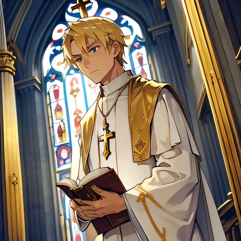 Human,priest at the cathedral, blonde hair,white rope,gold lining,gold cross, has a Bible in hand,