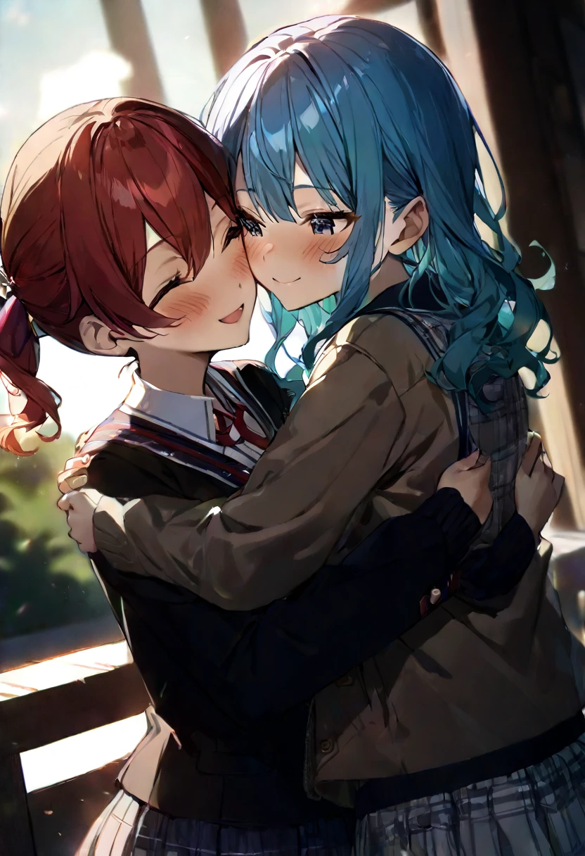 (((2girls))), together, two people, masterpiece, best quality, integrated scenery, integrated background, extremely delicate and beautiful, meticulous details, good composition, closed_eyes, cute face, perfect face, perfect hands, fingernails, sakura miko, SakuraMiko, HoshimachiSuisei, hoshimachi suisei, blurry background, sunlight, light blush, ((school)), upper body, looking each other, smile, , (hugging each other),in_school,sunlight,kissing,happiness,